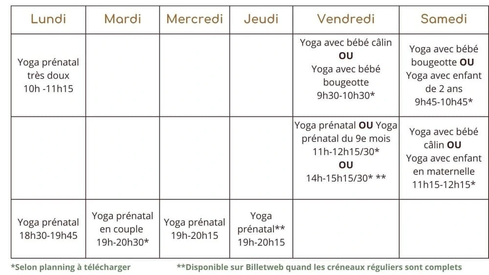 Emploi du temps de mes cours de yoga prénatal, parent bébé et parent enfant